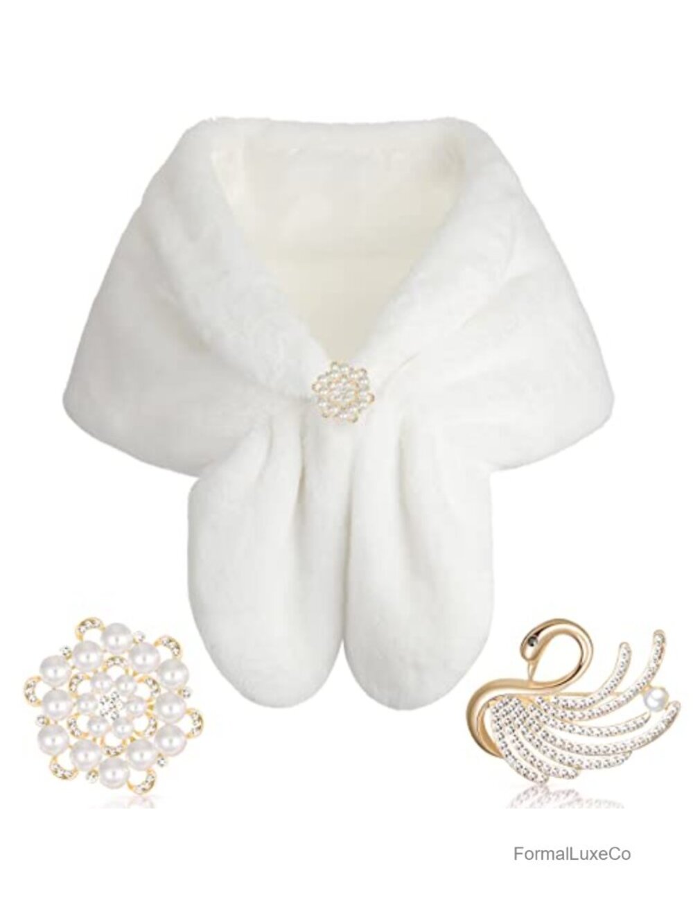 Faux Fur Shawl Wrap Women Bridal Stole Shrug Pearl Rhinestone Brooches